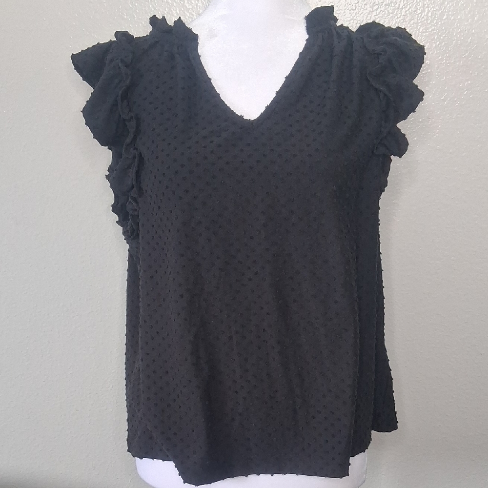 NWT J.Crew Textured Ruffle Tank Top Black Blouse V-neck Size Large